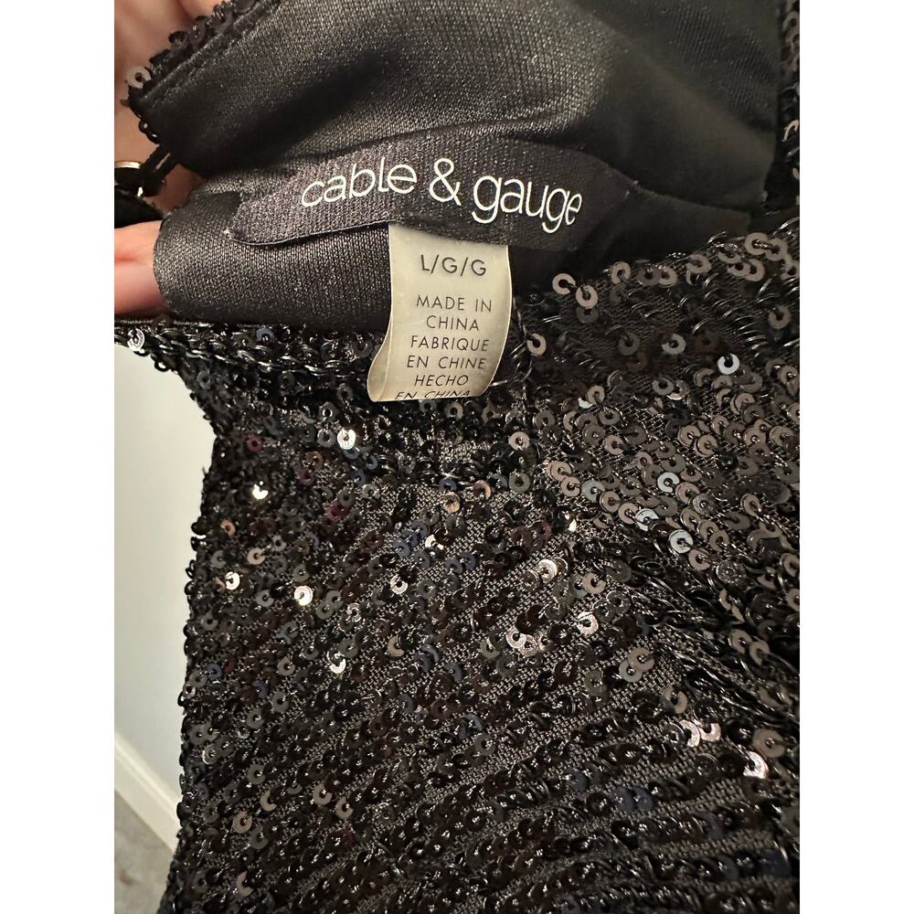 EUC Cable & Gauge Black Sequin Sleeveless Top Sz L Cowl Mock Neck Keyhole - Picture 6 of 7